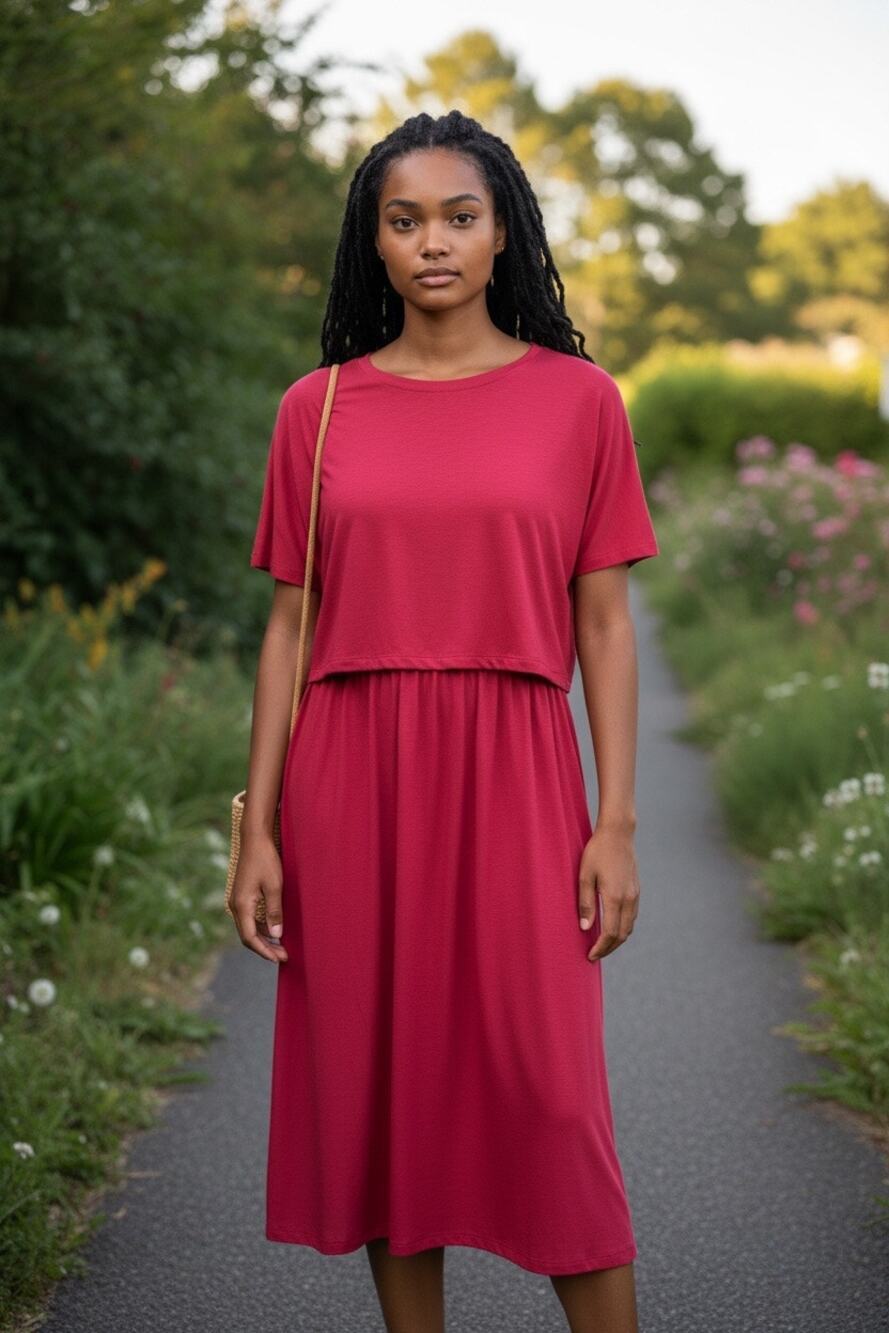 J. Jill Wearever Knit Dress Large Petite Red Layered Shift Midi Dress Pockets